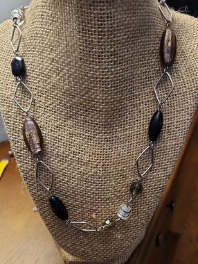 Lia Sophia Long Beaded Statement Necklace in Black and Brown